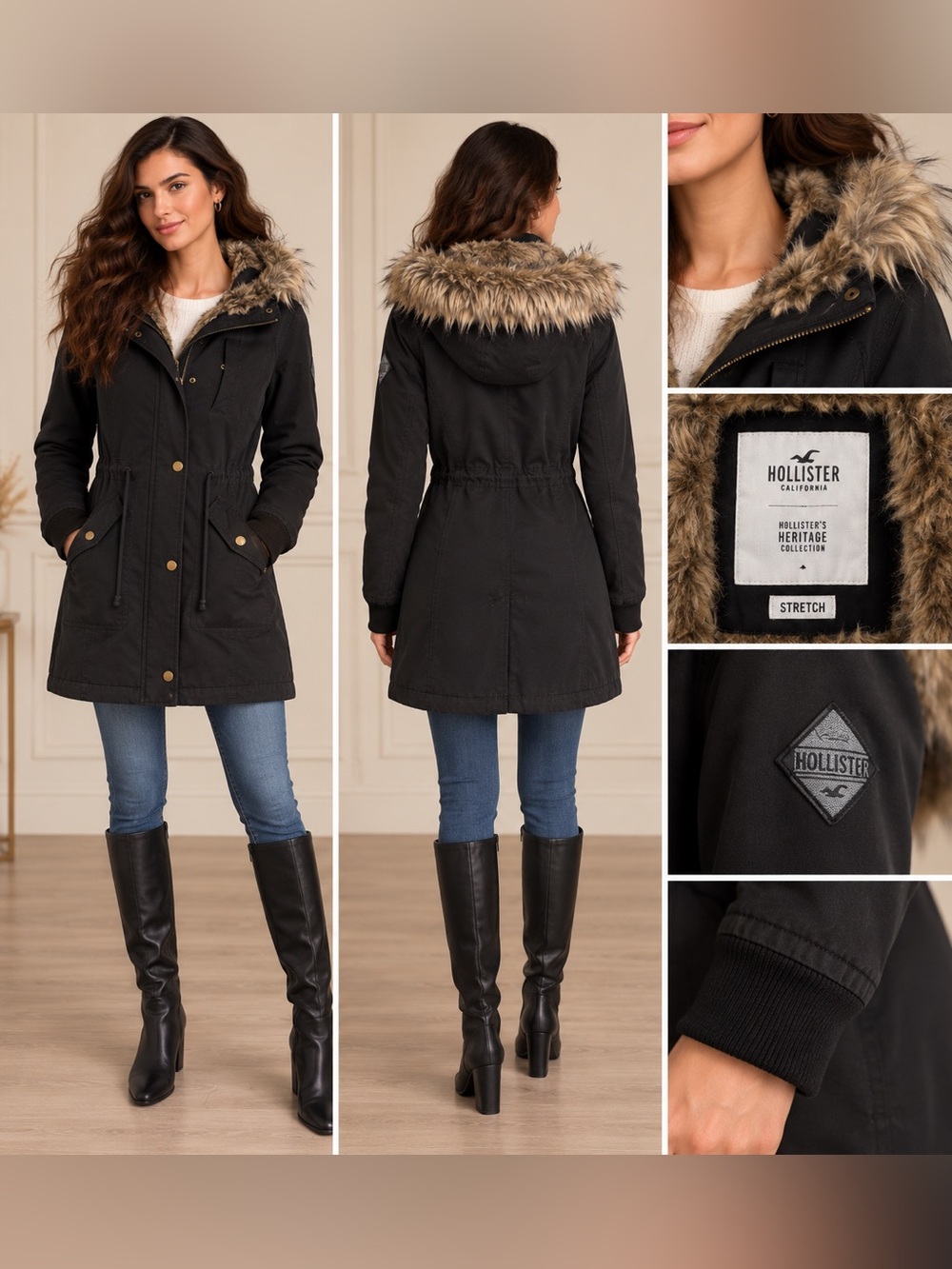 Hollister Heritage Black Faux Fur Hooded Parka Coat